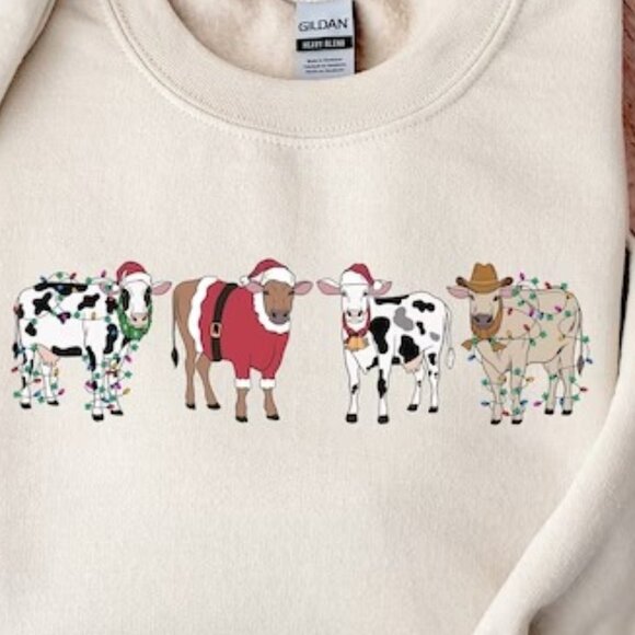 Christmas Cow Sweatshirt Cow Lover Gift Funny Christmas Sweatshirt 90 - Picture 2 of 5